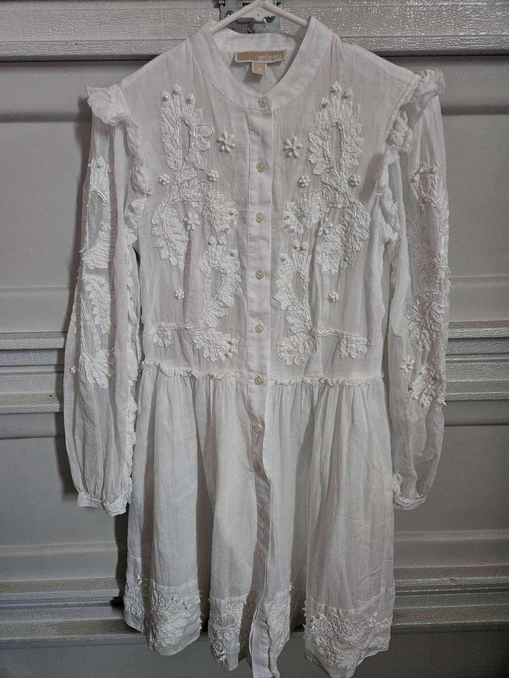 Michael Stars White Embroidered Ruffle-Shoulder Cotton Dress